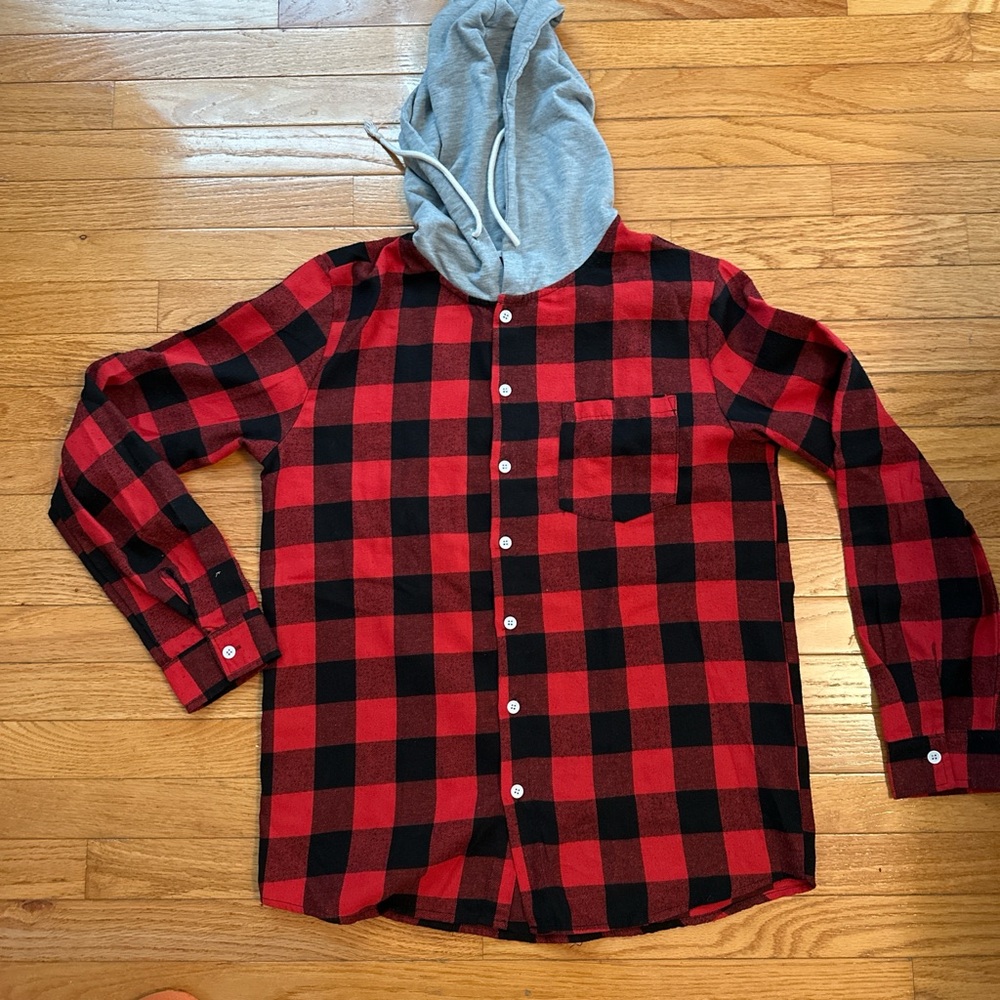 Red and Black Plaid Flannel Men's Shirt with Gray Hood